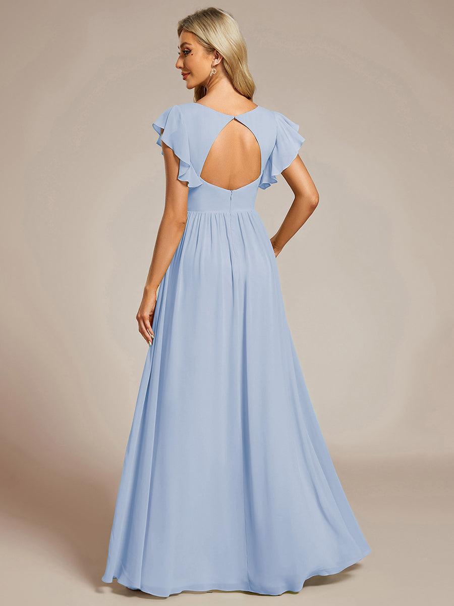 Back Cutout A-Line Pleated Ruffles Sleeve Chiffon Bridesmaid Dress #color_Ice Blue