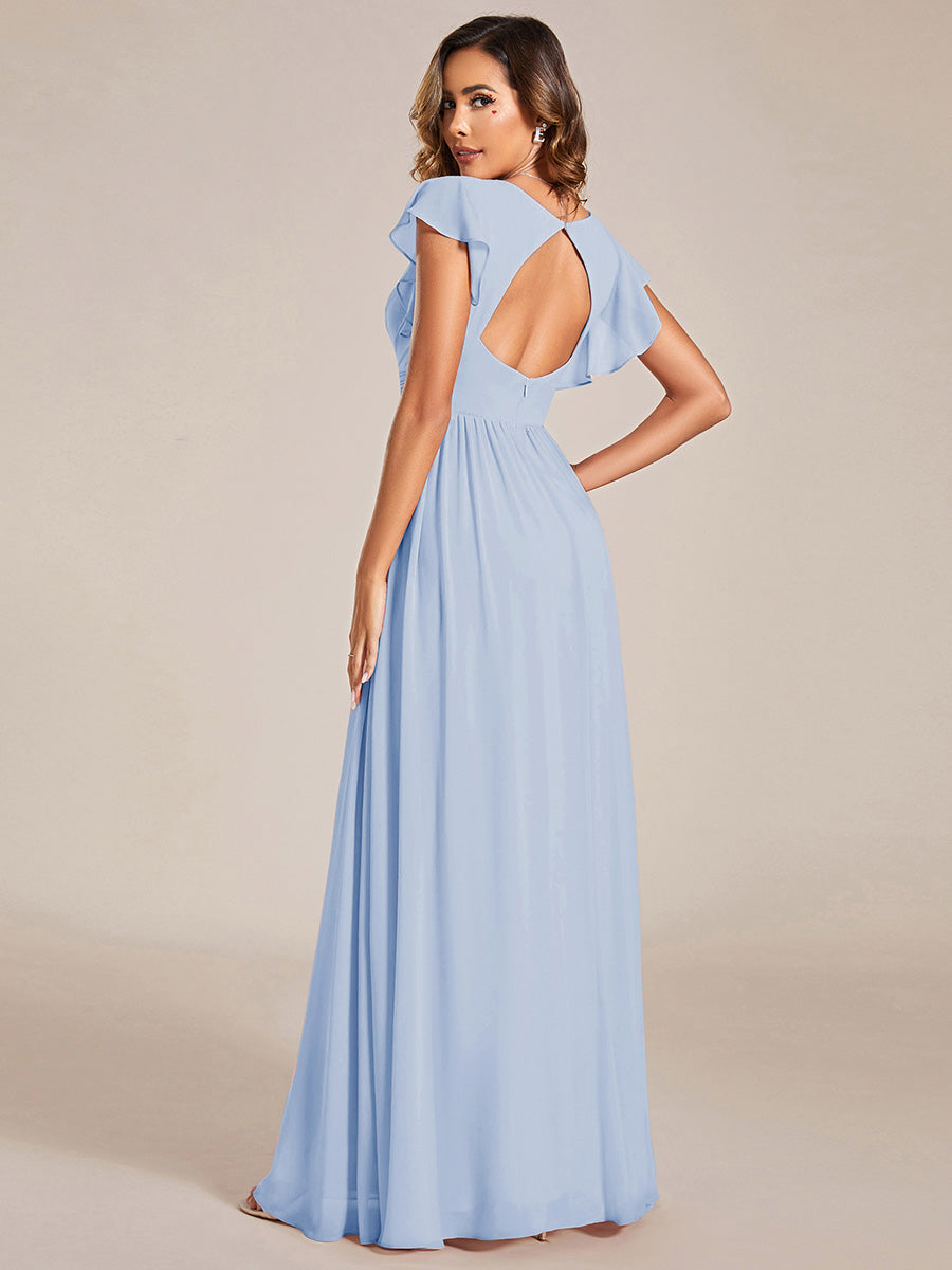 Pleated Chiffon Ruffle Sleeve Bridesmaid Dress #color_Ice Blue