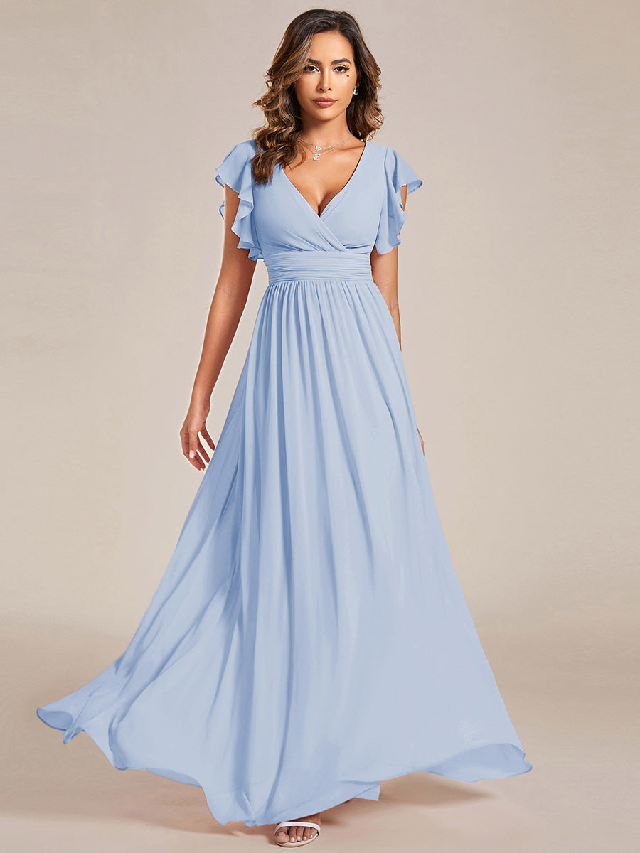 Pleated Chiffon Ruffle Sleeve Bridesmaid Dress #color_Ice Blue