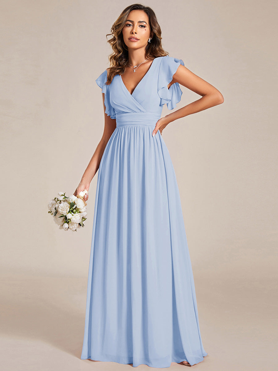 Pleated Chiffon Ruffle Sleeve Bridesmaid Dress #color_Ice Blue