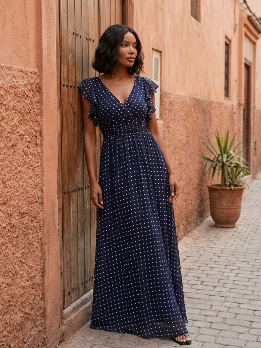 Ruffles Sleeve Back Cutout A-Line Maxi Chiffon Bridesmaid Dress #color_Navy Blue Polka Dots