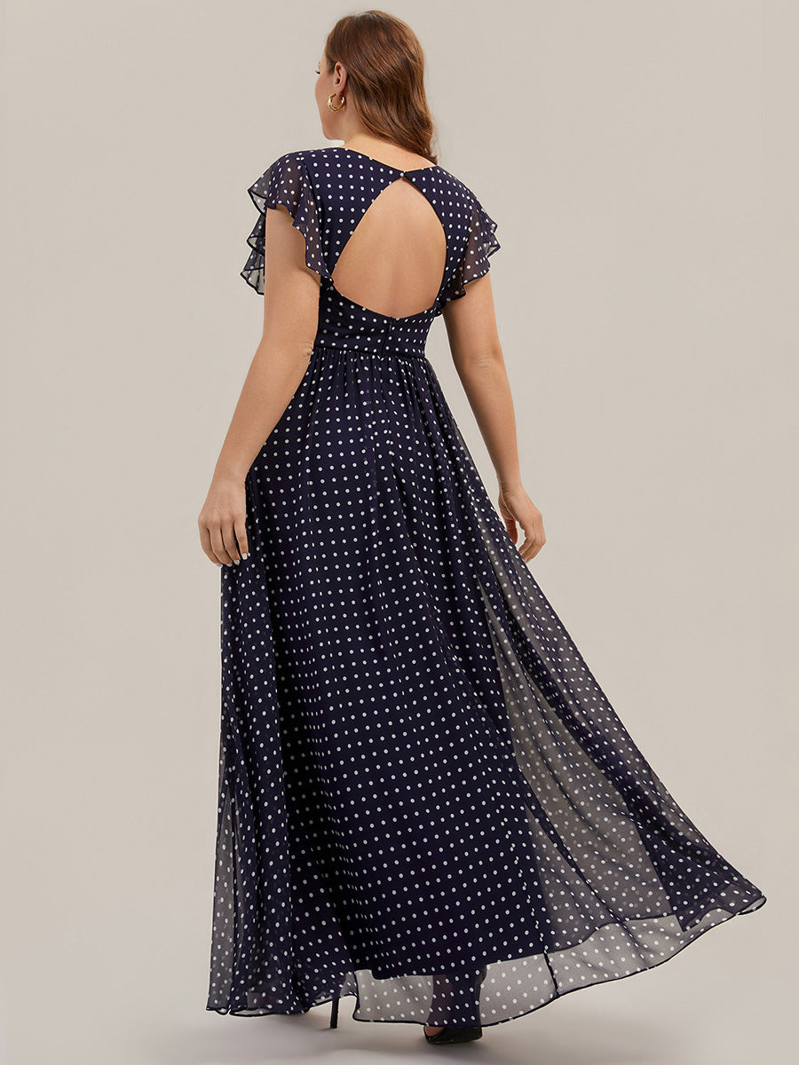 Back Cutout A-Line Pleated Ruffles Sleeve Chiffon Bridesmaid Dress #color_Navy Blue Polka Dots