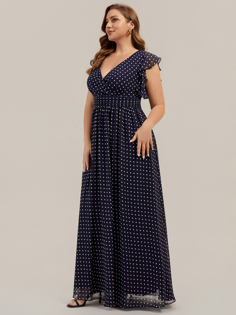 Pleated Chiffon Ruffle Sleeve Bridesmaid Dress #color_Navy Blue Polka Dots