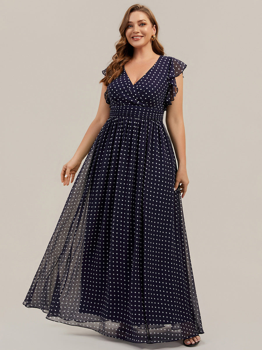 Ruffles Sleeve Back Cutout A-Line Maxi Chiffon Bridesmaid Dress #color_Navy Blue Polka Dots