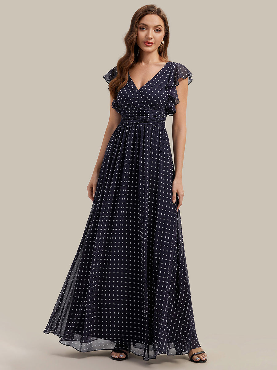 Pleated Chiffon Ruffle Sleeve Bridesmaid Dress #color_Navy Blue Polka Dots