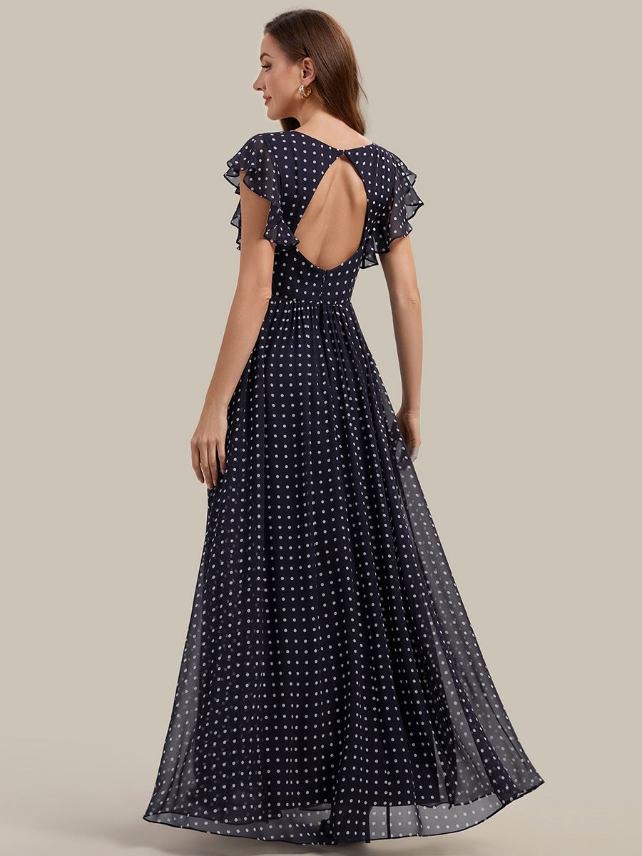 Ruffles Sleeve Back Cutout A-Line Maxi Chiffon Bridesmaid Dress #color_Navy Blue Polka Dots