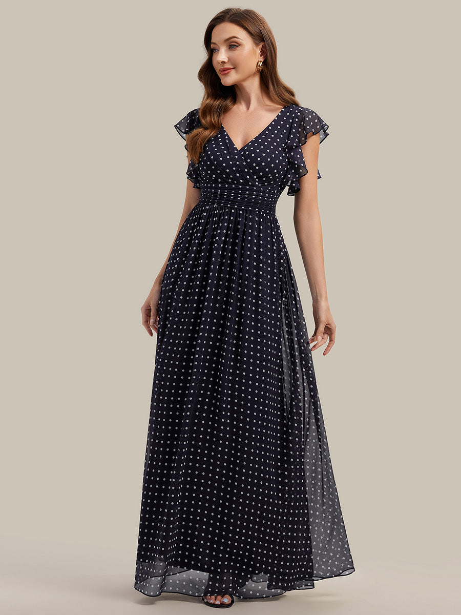 Pleated Chiffon Ruffle Sleeve Bridesmaid Dress #color_Navy Blue Polka Dots