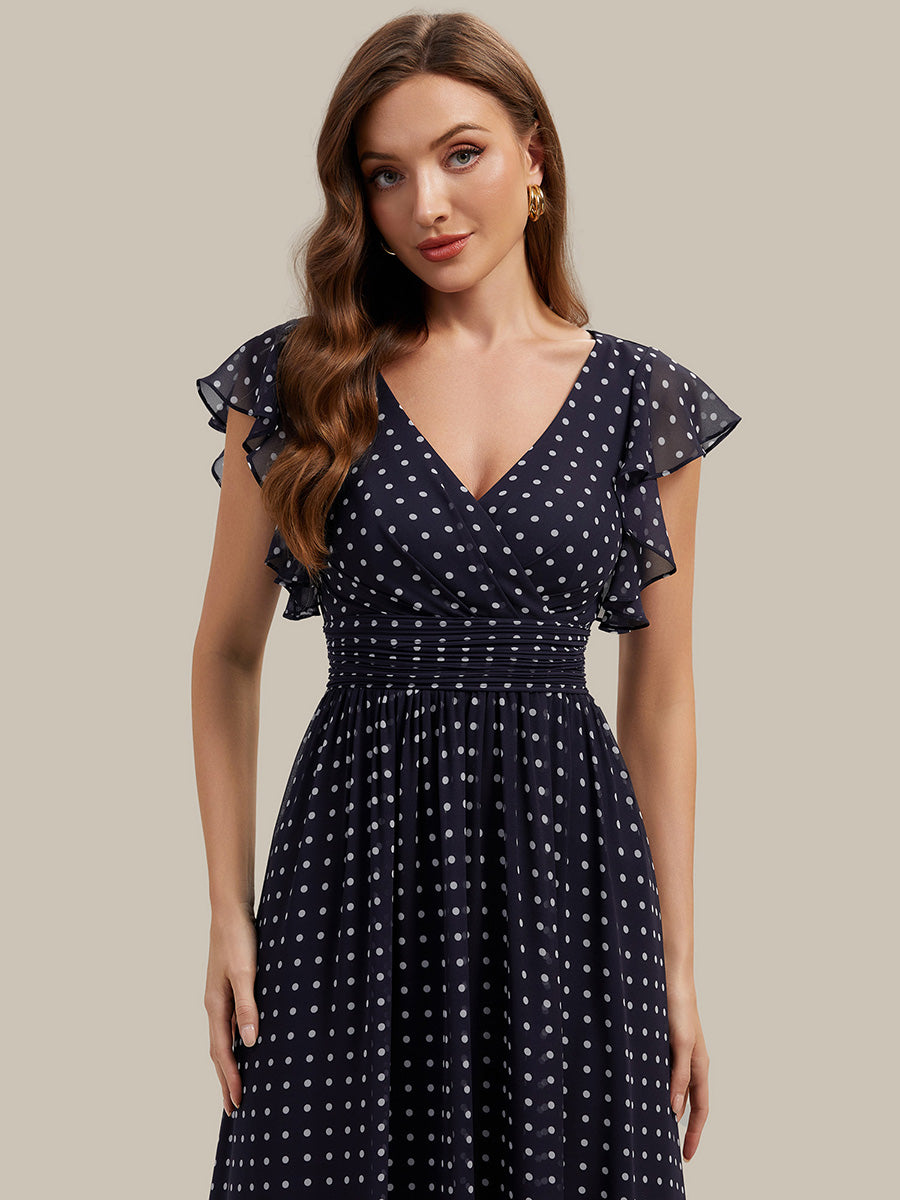 Ruffles Sleeve Back Cutout A-Line Maxi Chiffon Bridesmaid Dress #color_Navy Blue Polka Dots