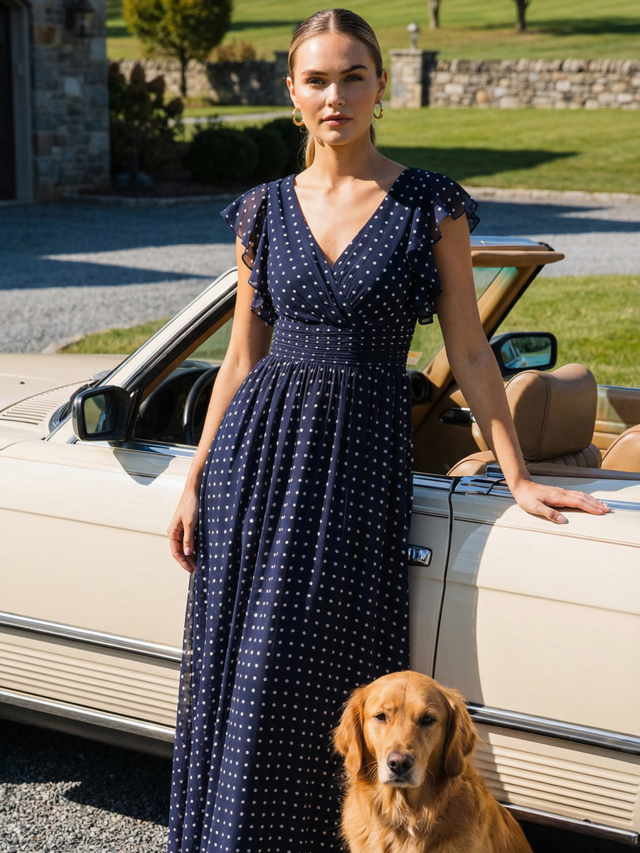 Ruffles Sleeve Back Cutout A-Line Maxi Chiffon Bridesmaid Dress #color_Navy Blue Polka Dots