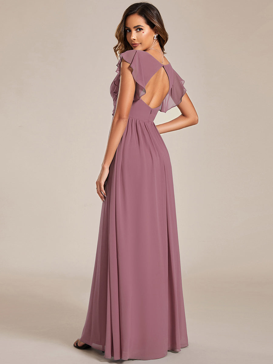 Back Cutout A-Line Pleated Ruffles Sleeve Chiffon Bridesmaid Dress #color_Purple Orchid