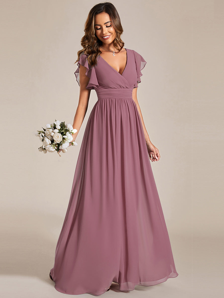 Pleated Chiffon Ruffle Sleeve Bridesmaid Dress #color_Purple Orchid