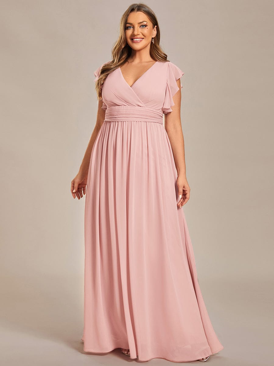 Back Cutout A-Line Pleated Ruffles Sleeve Chiffon Bridesmaid Dress #color_Pink