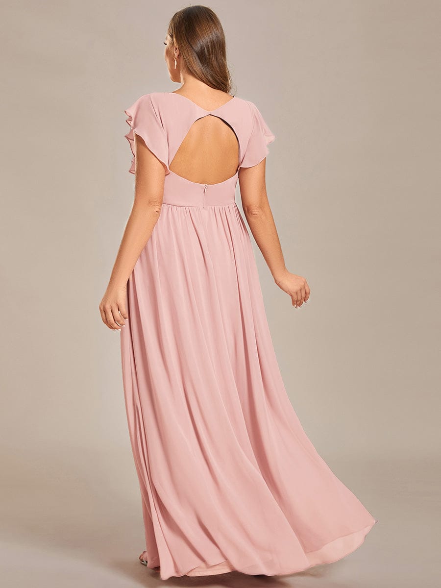 Back Cutout A-Line Pleated Ruffles Sleeve Chiffon Bridesmaid Dress #color_Pink