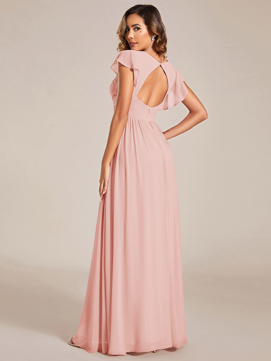 Pleated Chiffon Ruffle Sleeve Bridesmaid Dress #color_Pink