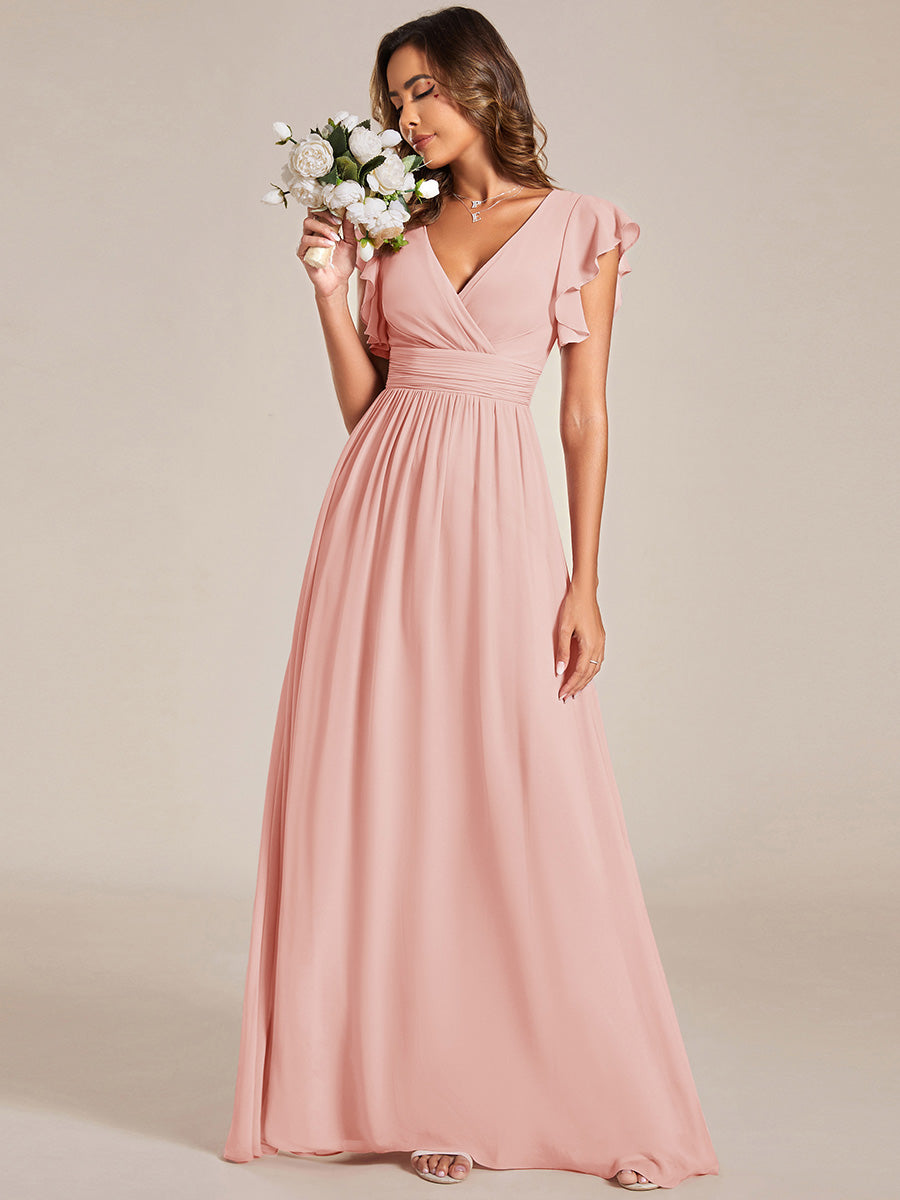Pleated Chiffon Ruffle Sleeve Bridesmaid Dress #color_Pink