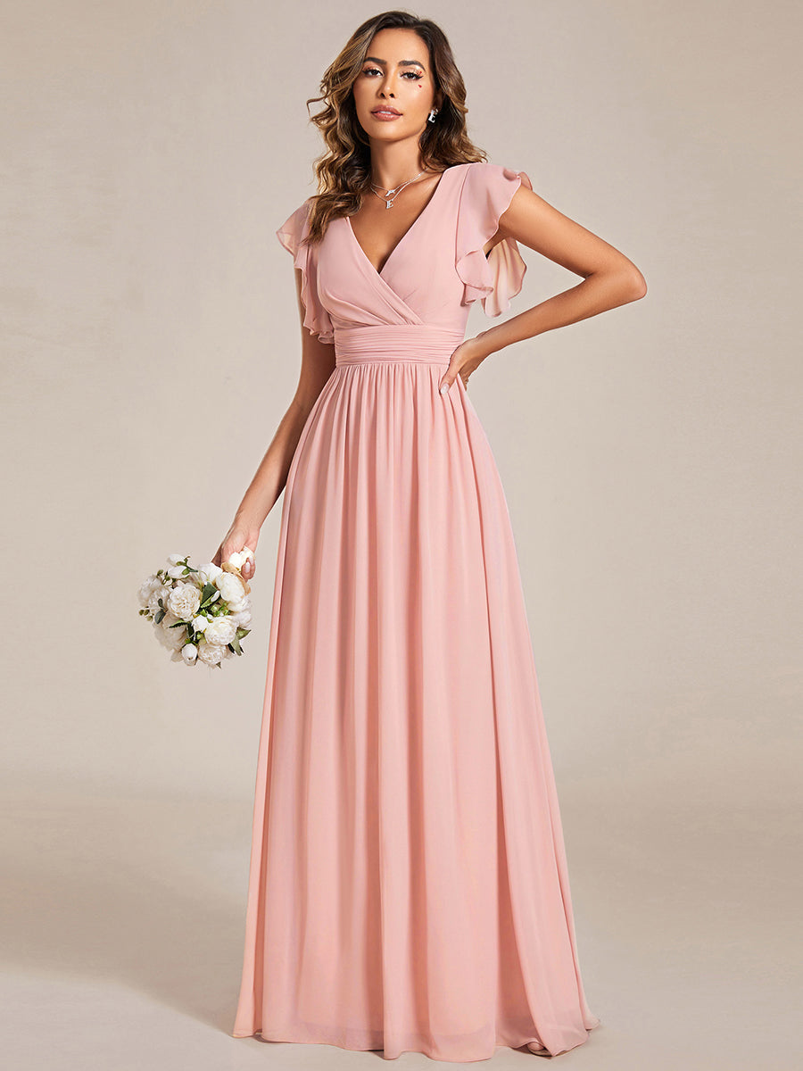Pleated Chiffon Ruffle Sleeve Bridesmaid Dress #color_Pink