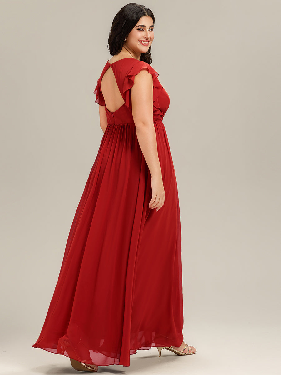 Plus Size Chiffon Pleated A-Line Back CutouT Bridesmaid Dress #color_Red