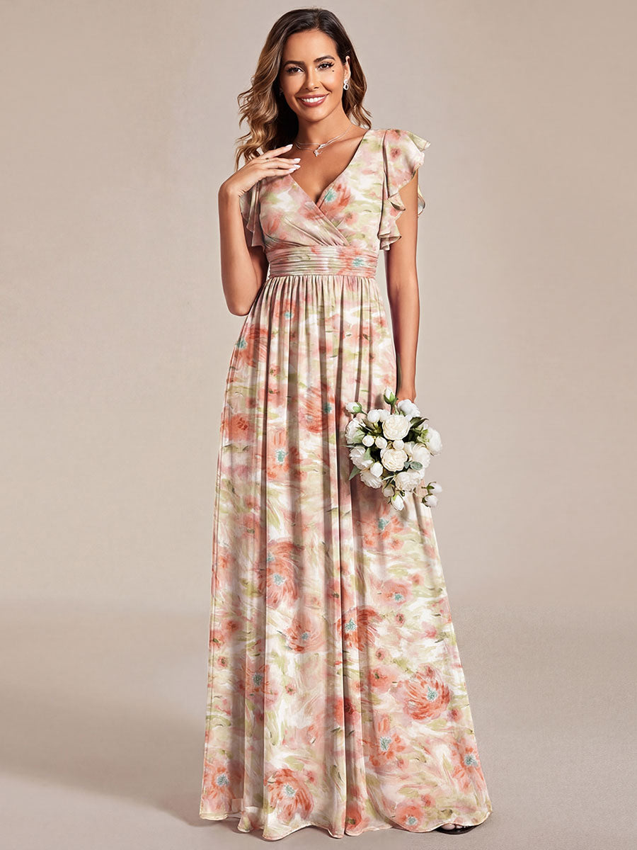 Pleated Chiffon Ruffle Sleeve Bridesmaid Dress #color_Rosewood Mist