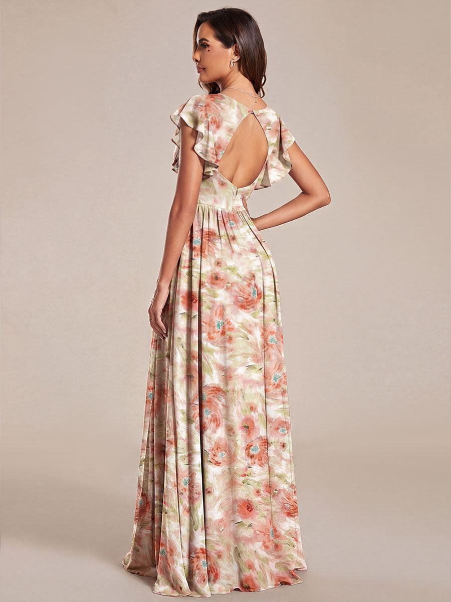 Back Cutout A-Line Pleated Ruffles Sleeve Chiffon Bridesmaid Dress #color_Rosewood Mist