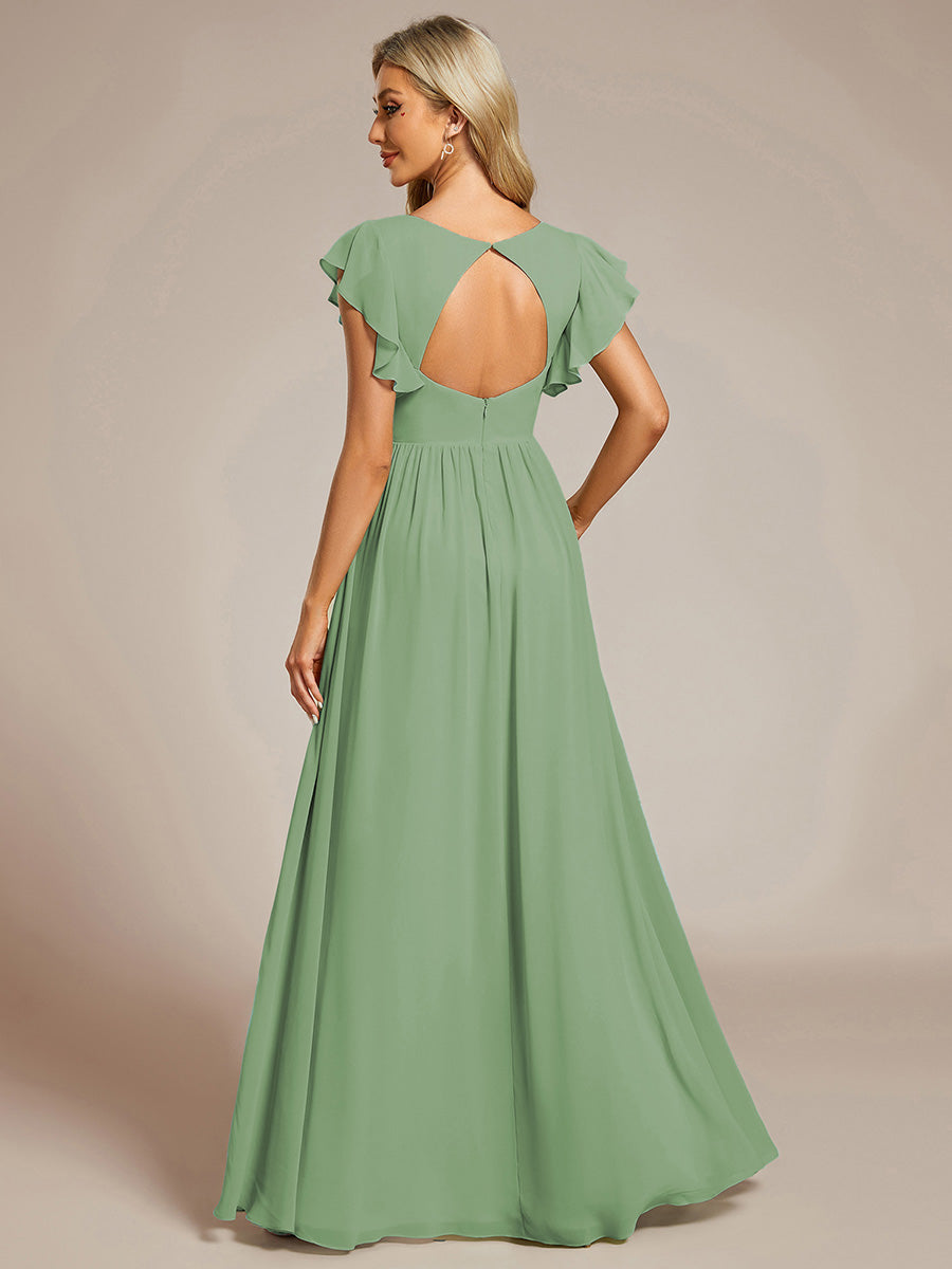 Pleated Chiffon Ruffle Sleeve Bridesmaid Dress #color_Sage Green