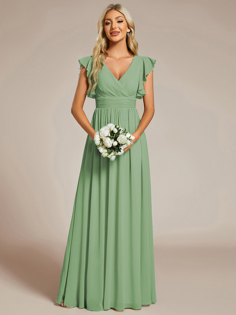 Pleated Chiffon Ruffle Sleeve Bridesmaid Dress #color_Sage Green