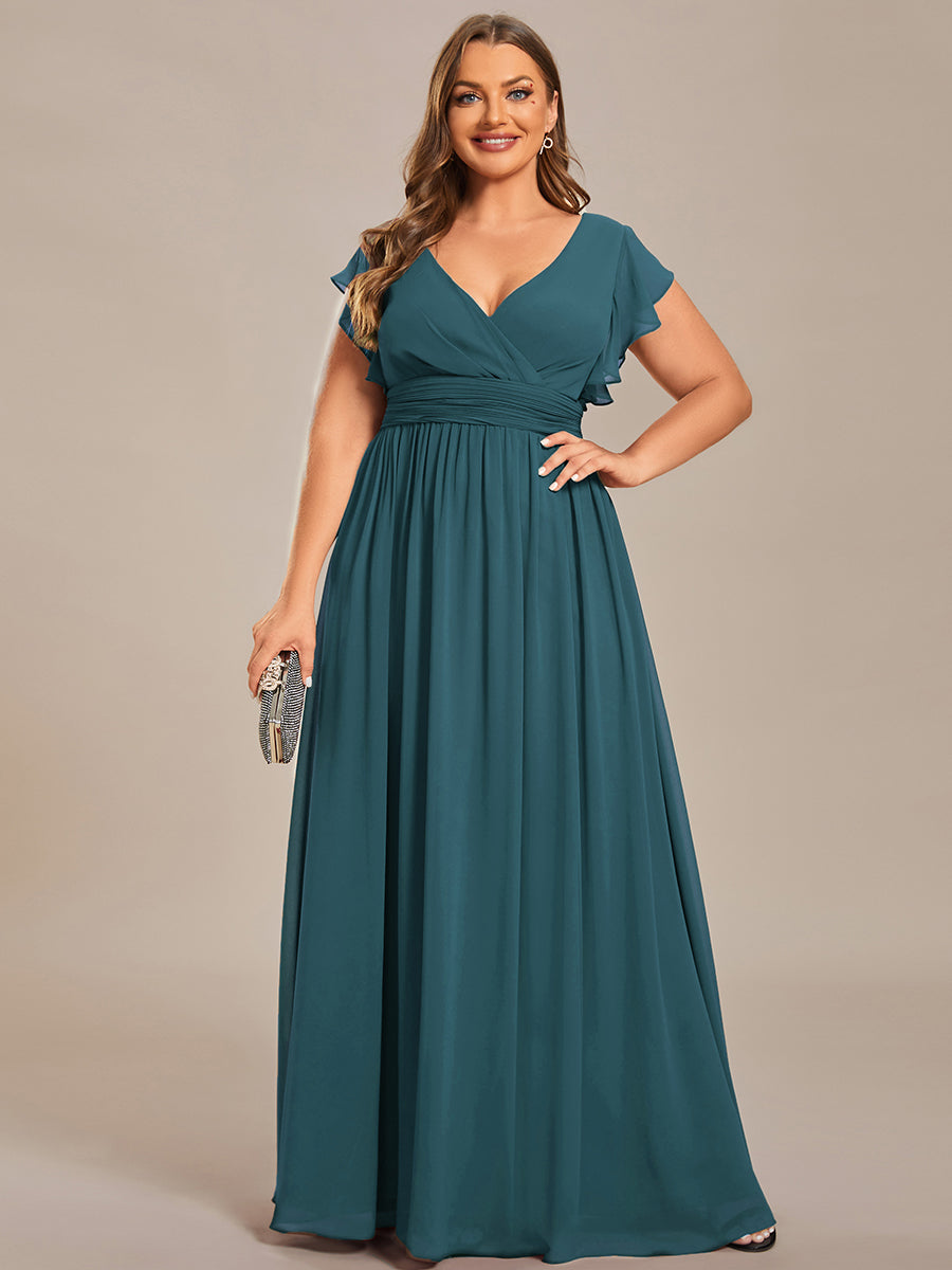 Pleated Chiffon Ruffle Sleeve Bridesmaid Dress #color_Teal