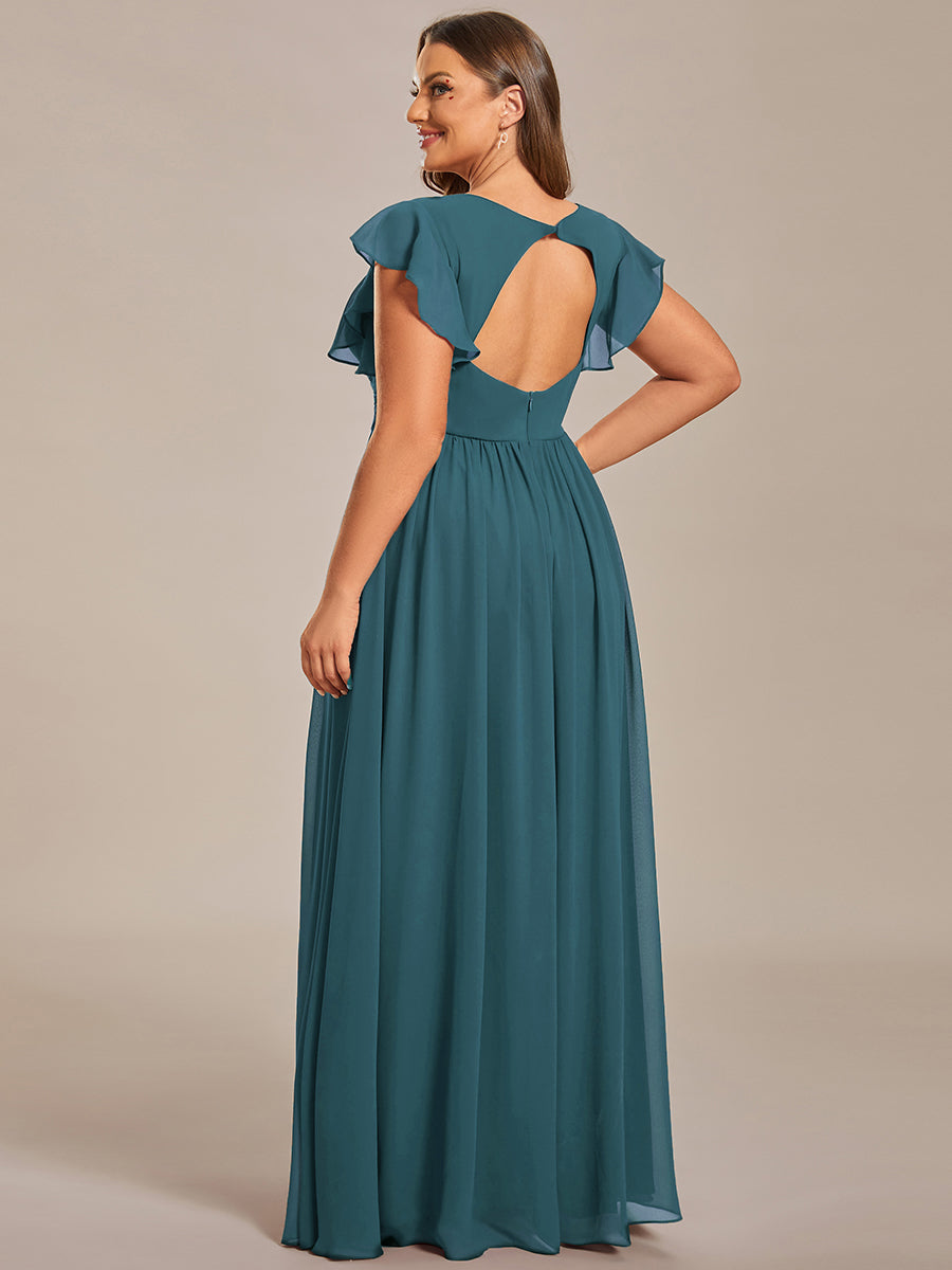 Pleated Chiffon Ruffle Sleeve Bridesmaid Dress #color_Teal