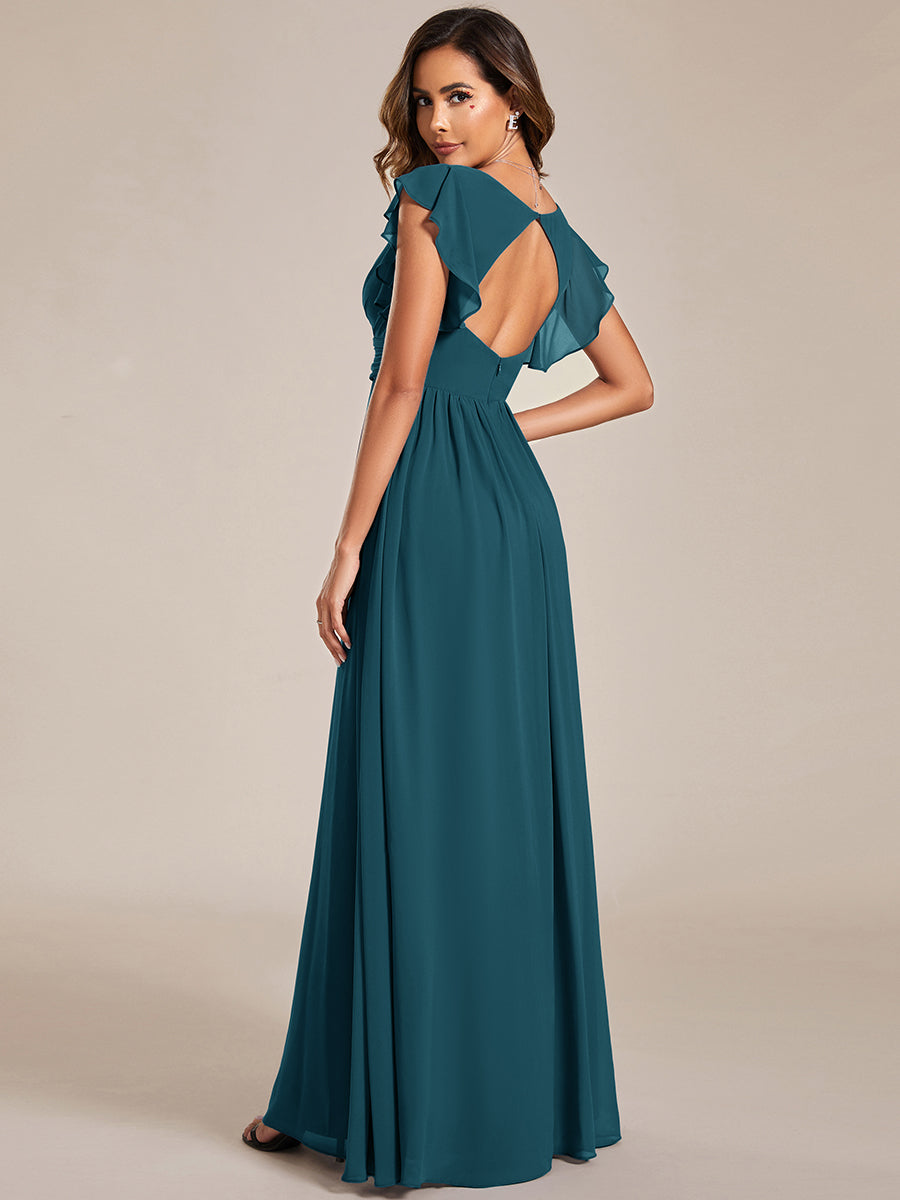 Pleated Chiffon Ruffle Sleeve Bridesmaid Dress #color_Teal