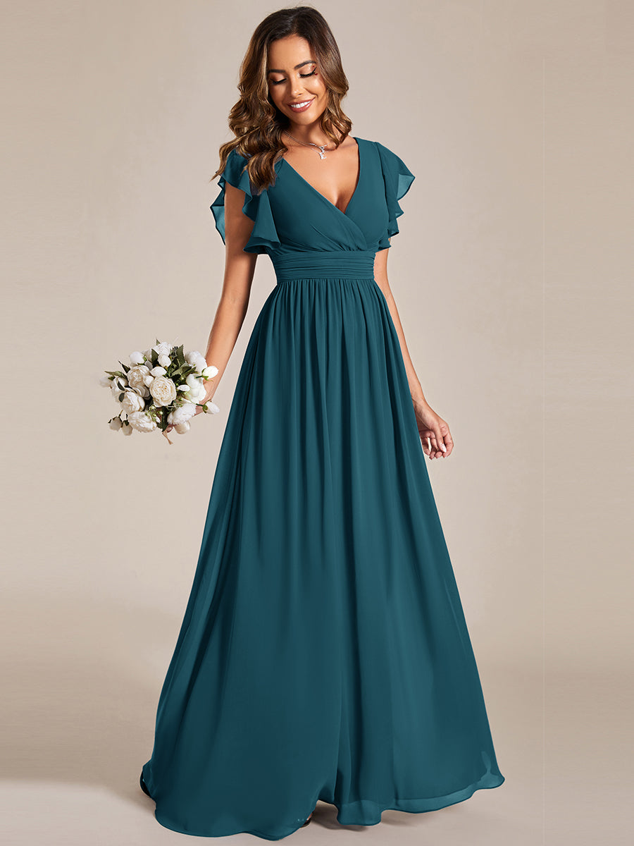 Pleated Chiffon Ruffle Sleeve Bridesmaid Dress #color_Teal