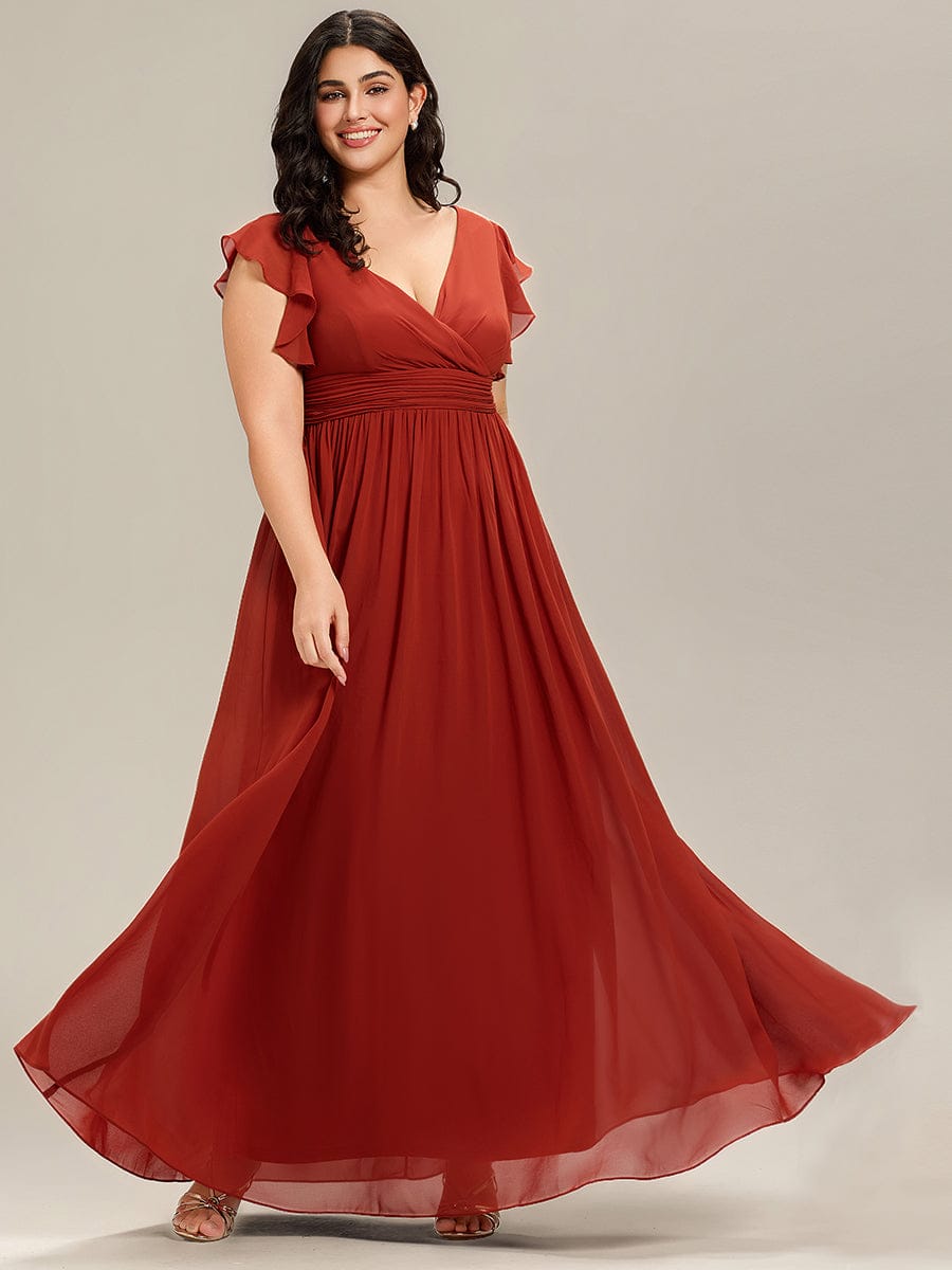 Ruffles Sleeve Back Cutout A-Line Maxi Chiffon Bridesmaid Dress #color_Vermilion