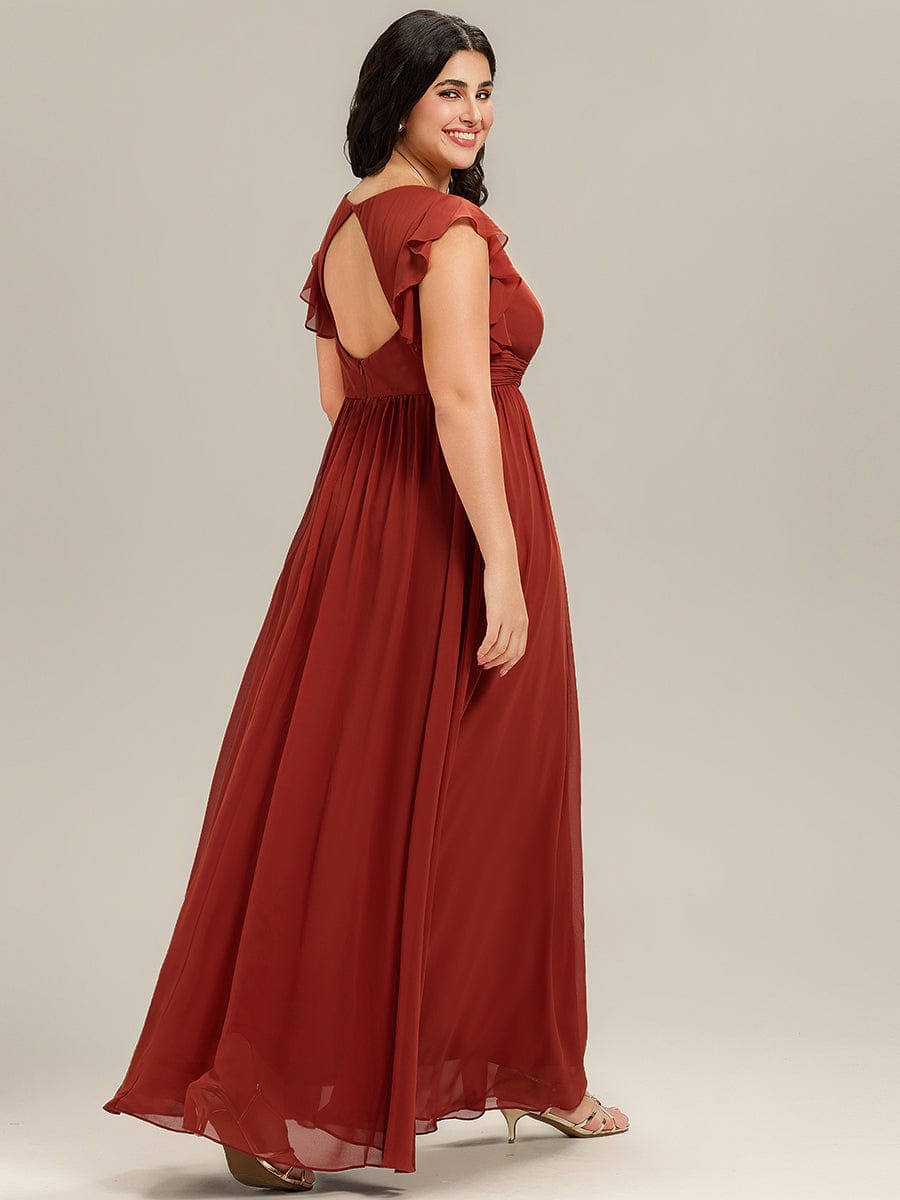 Ruffles Sleeve Back Cutout A-Line Maxi Chiffon Bridesmaid Dress #color_Vermilion