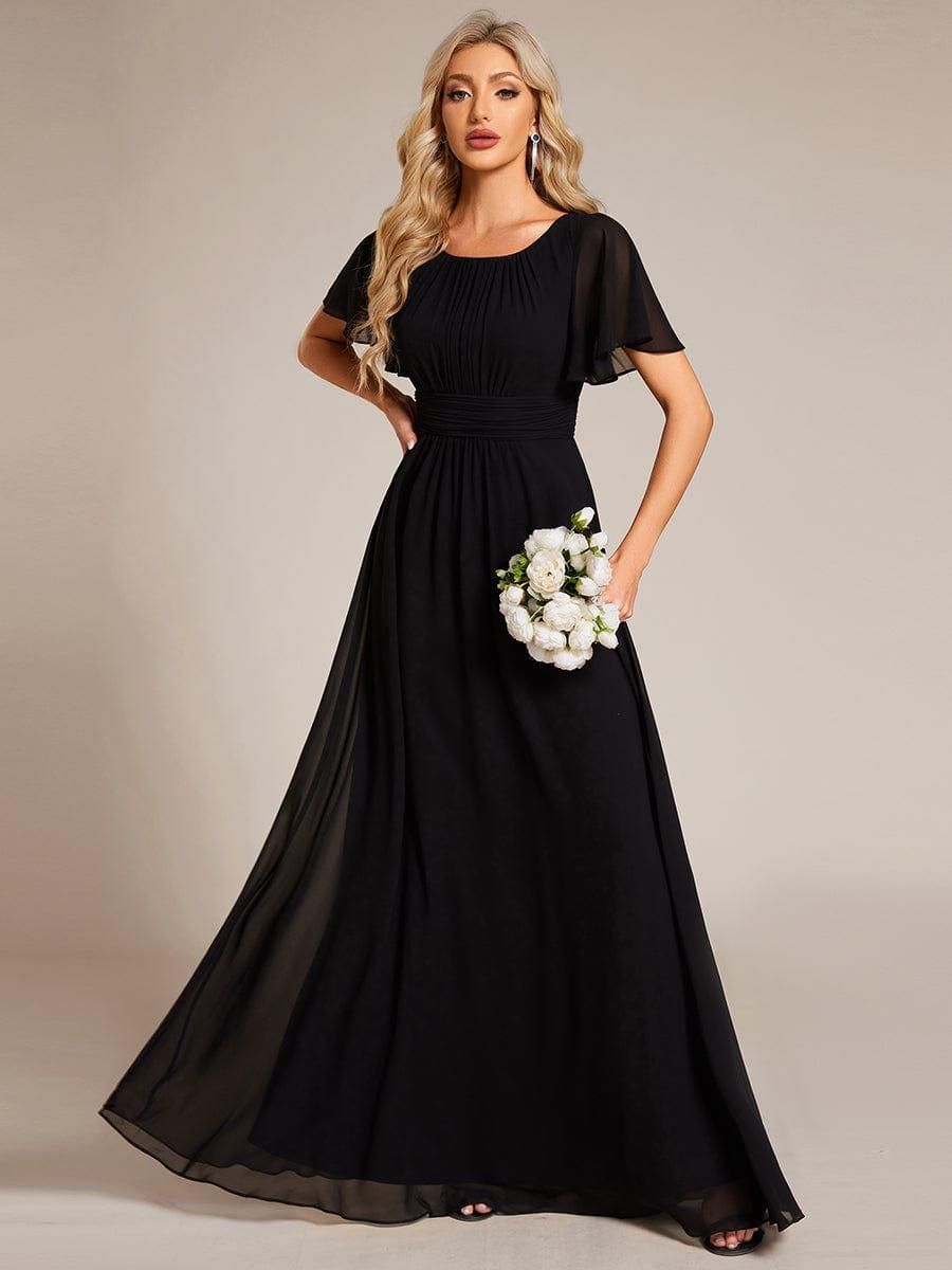 Simple Chiffon Pleated A-Line Round Neckline Bridesmaid Dress #color_Black