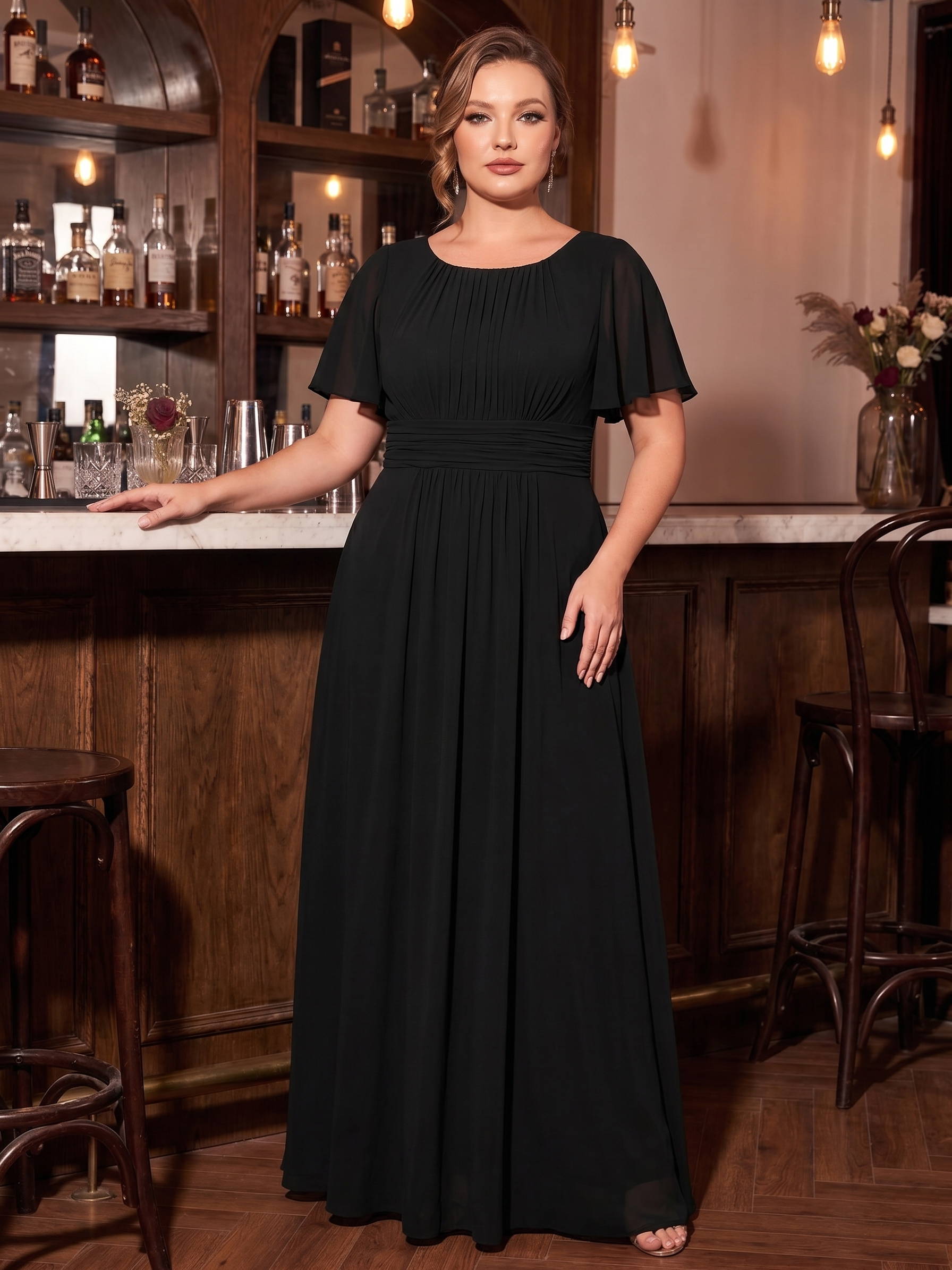 Plus Size Printed Chiffon Pleated Maxi Wedding Guest Dress #color_Black