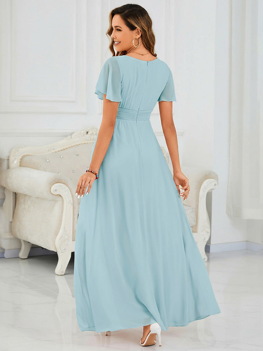 Ruched Chiffon Ruffle Sleeve Bridesmaid Dress #color_Sky Blue