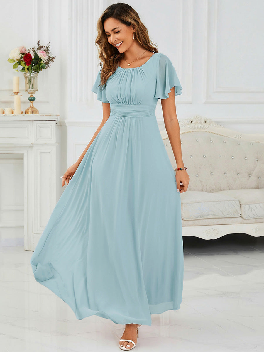 Ruched Chiffon Ruffle Sleeve Bridesmaid Dress #color_Sky Blue