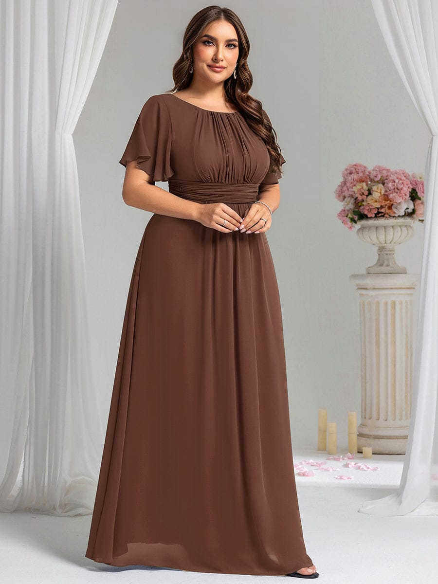 Plus Size Printed Chiffon Pleated Maxi Wedding Guest Dress #color_Brown