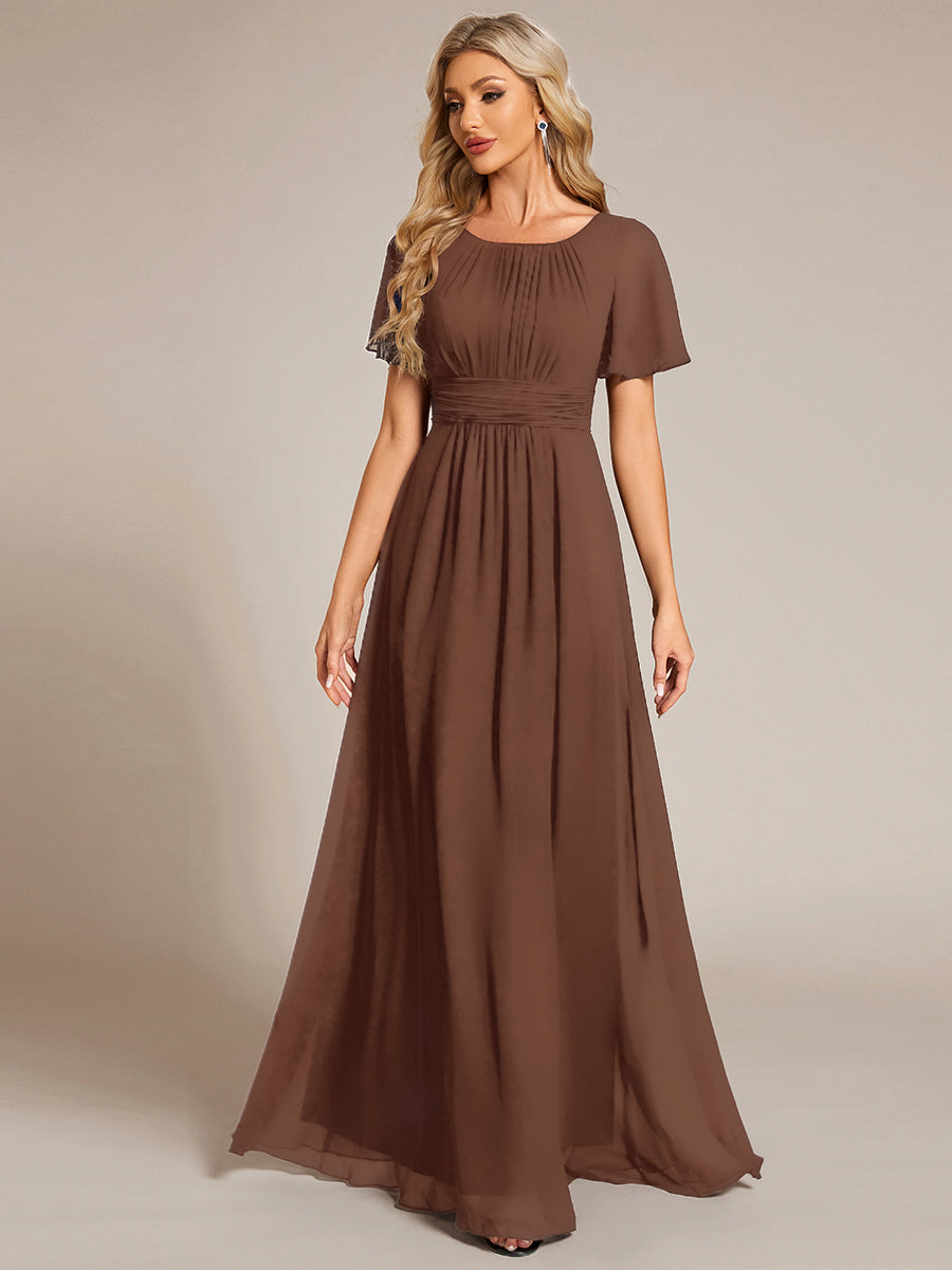 Simple Chiffon Pleated A-Line Round Neckline Bridesmaid Dress #color_Brown