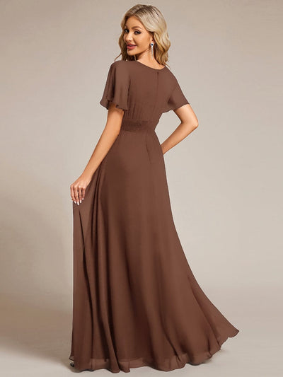 Simple Chiffon Pleated A-Line Round Neckline Bridesmaid Dress #color_Brown