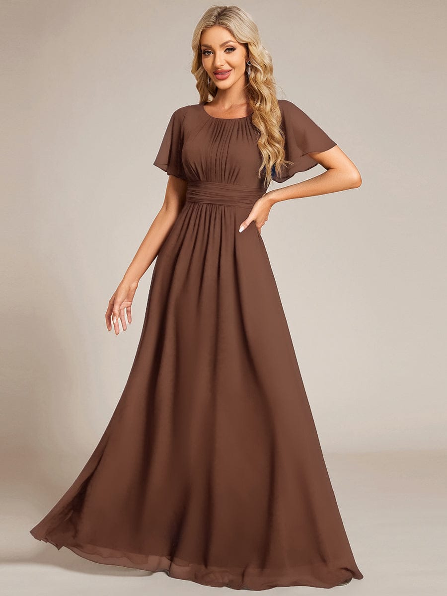 Simple Chiffon Pleated A-Line Round Neckline Bridesmaid Dress #color_Brown