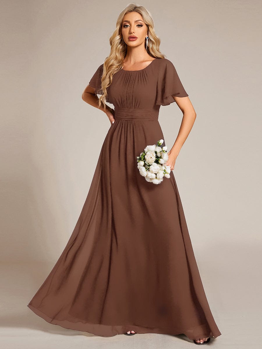 Simple Chiffon Pleated A-Line Round Neckline Bridesmaid Dress #color_Brown