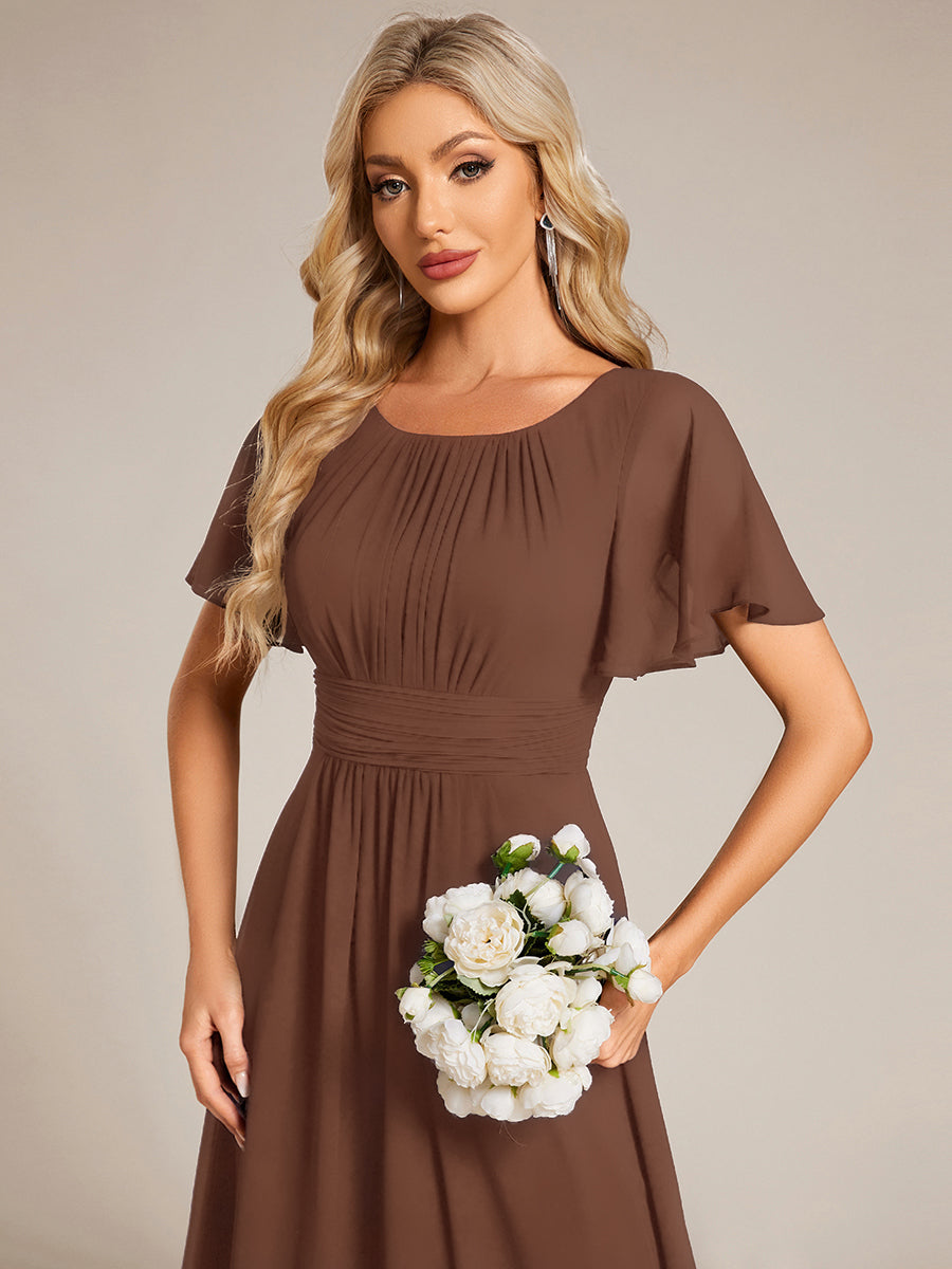 Simple Chiffon Pleated A-Line Round Neckline Bridesmaid Dress #color_Brown