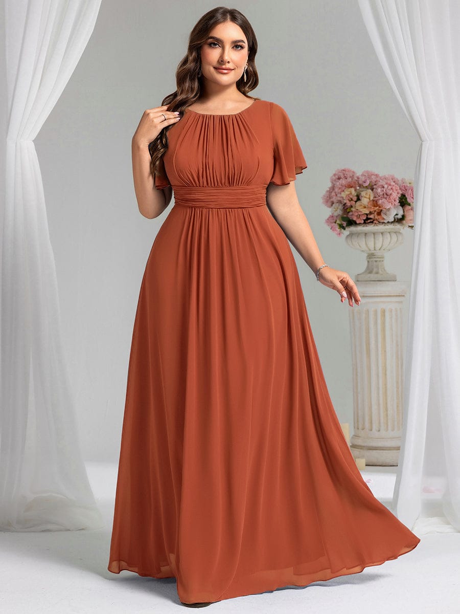 Plus Size Printed Chiffon Pleated Maxi Wedding Guest Dress #color_Burnt Orange