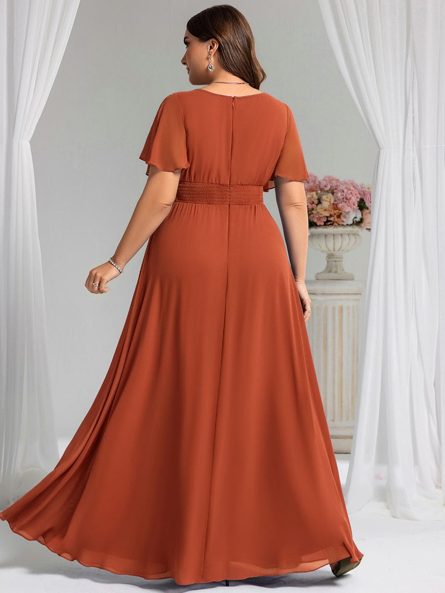 Plus Size Printed Chiffon Pleated Maxi Wedding Guest Dress #color_Burnt Orange