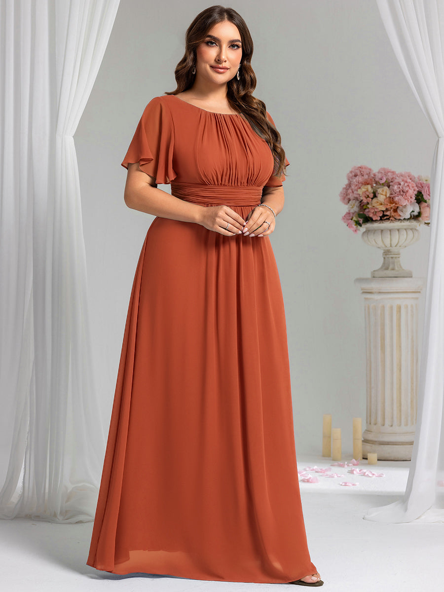 Plus Size Simple Chiffon Pleated A-Line Round Neckline Bridesmaid Dress #color_Burnt Orange
