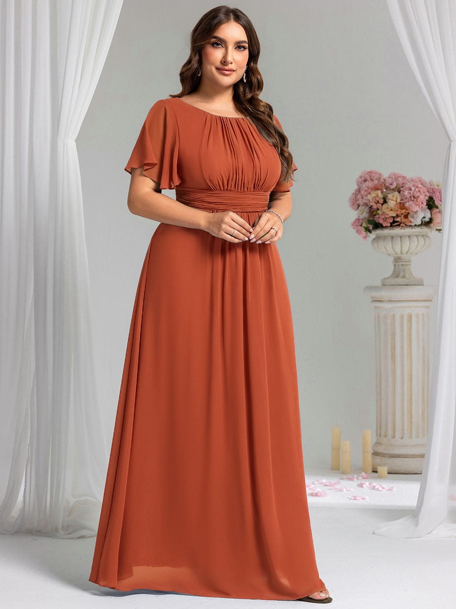 Plus Size Printed Chiffon Pleated Maxi Wedding Guest Dress #color_Burnt Orange