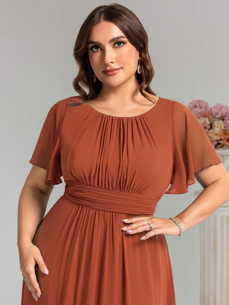 Plus Size Simple Chiffon Pleated A-Line Round Neckline Bridesmaid Dress #color_Burnt Orange