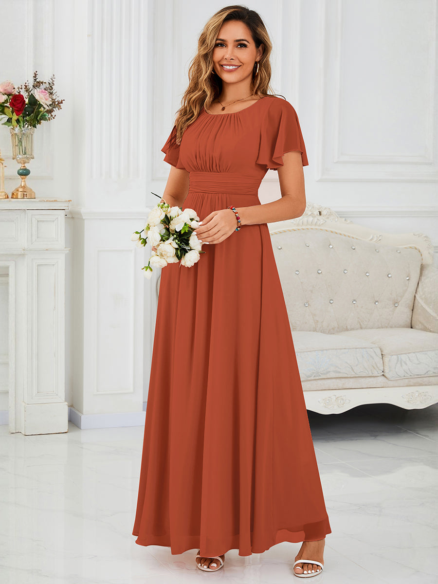 Simple Chiffon Pleated A-Line Round Neckline Bridesmaid Dress #color_Burnt Orange