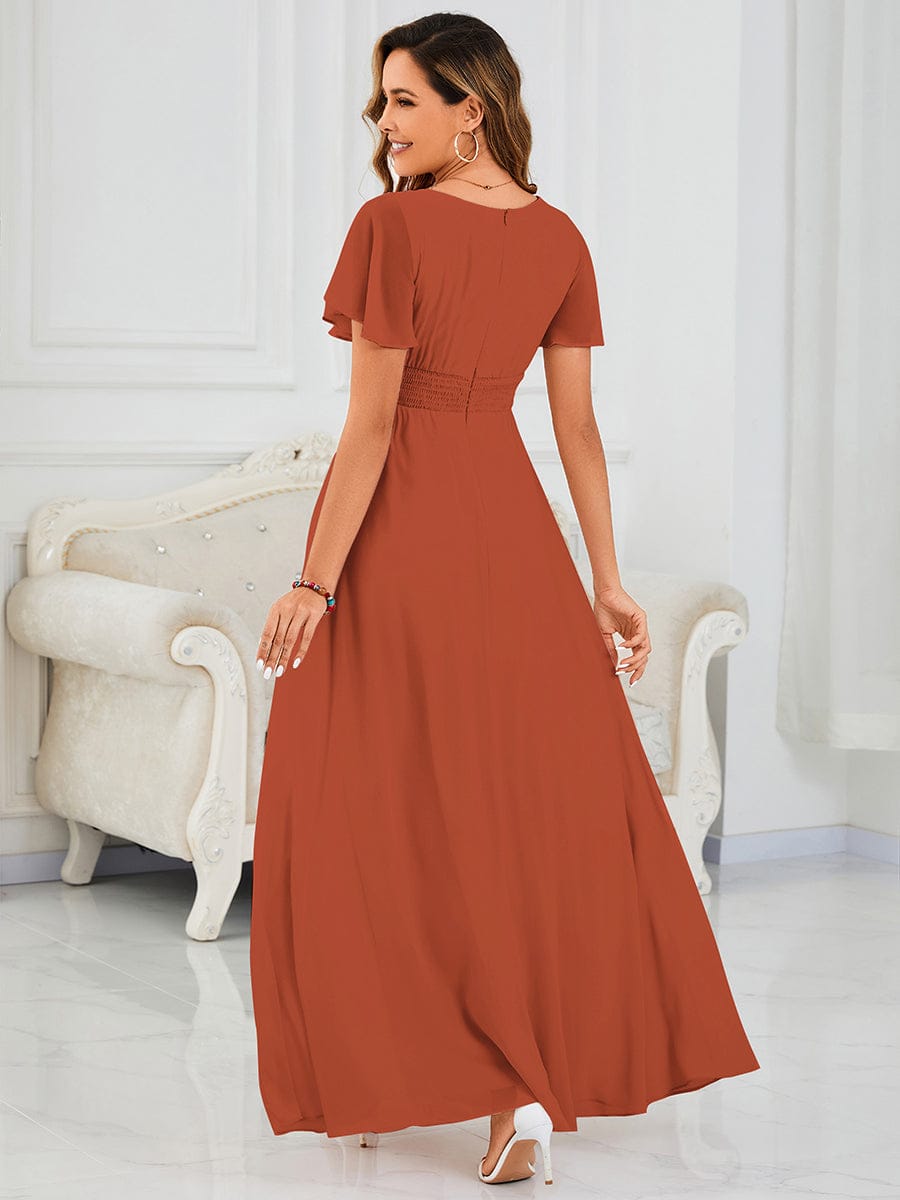 Simple Chiffon Pleated A-Line Round Neckline Bridesmaid Dress #color_Burnt Orange