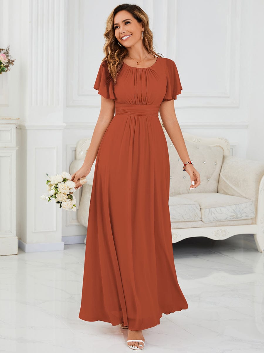 Simple Chiffon Pleated A-Line Round Neckline Bridesmaid Dress #color_Burnt Orange
