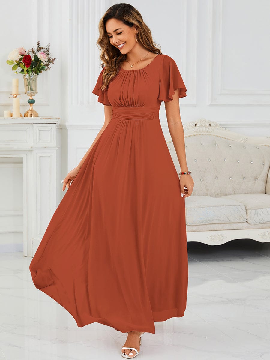 Simple Chiffon Pleated A-Line Round Neckline Bridesmaid Dress #color_Burnt Orange